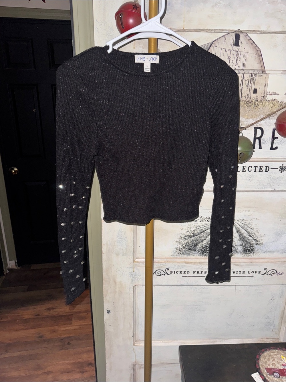 She + Sky Black Cropped Knit Long-Sleeve Top with Studded Sleeves